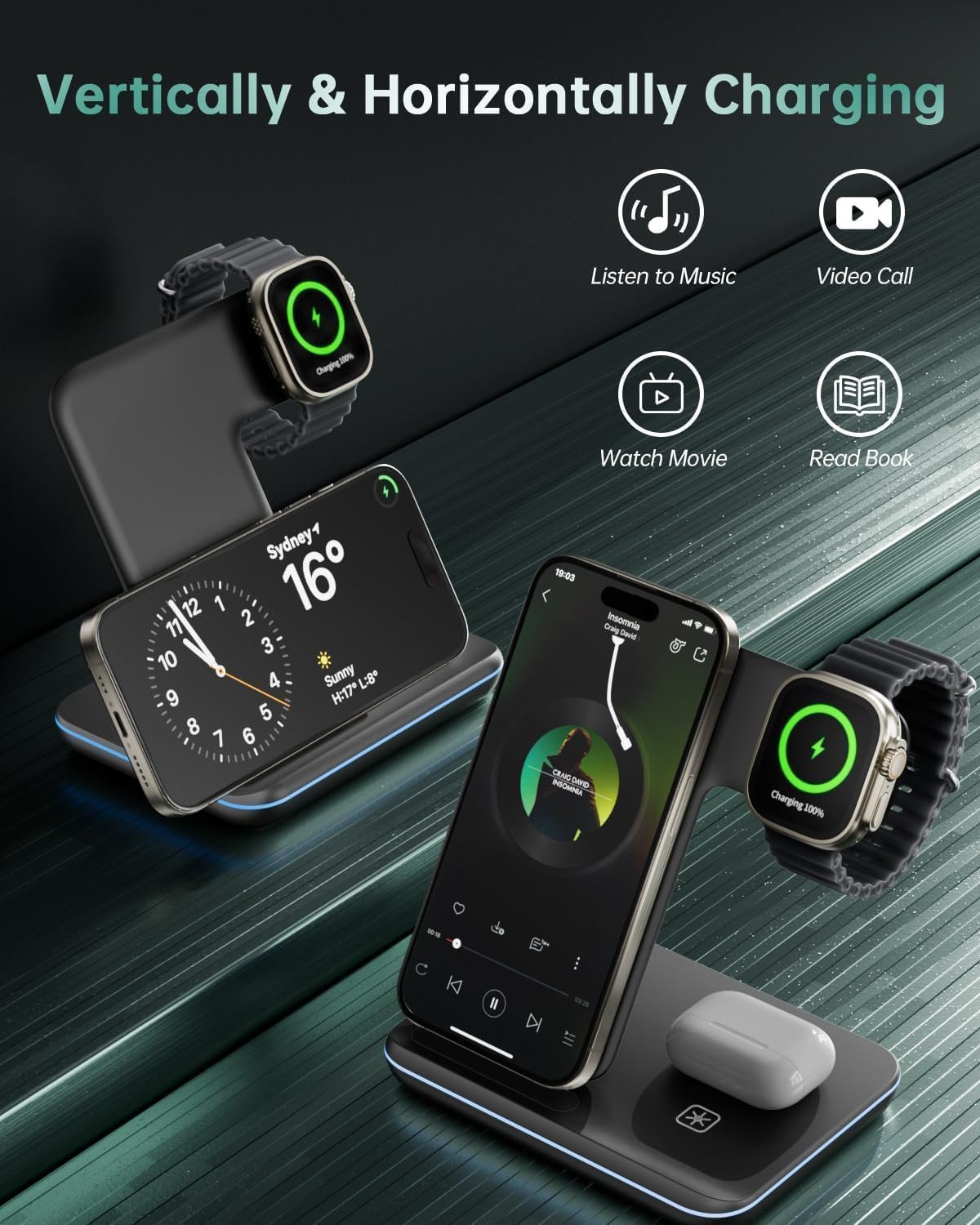 Dawntress 3-in-1 Wireless Charger for Apple, 15W Fast Wireless Charging Station, 3 in1 Wireless Charger Dock Compatible with iPhone 16/15/14, Airpods, Apple Watch, iWatch 10/9/8