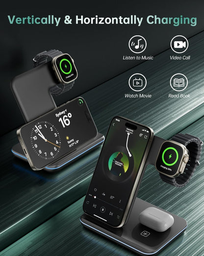 Dawntress 3-in-1 Wireless Charger for Apple, 15W Fast Wireless Charging Station, 3 in1 Wireless Charger Dock Compatible with iPhone 16/15/14, Airpods, Apple Watch, iWatch 10/9/8