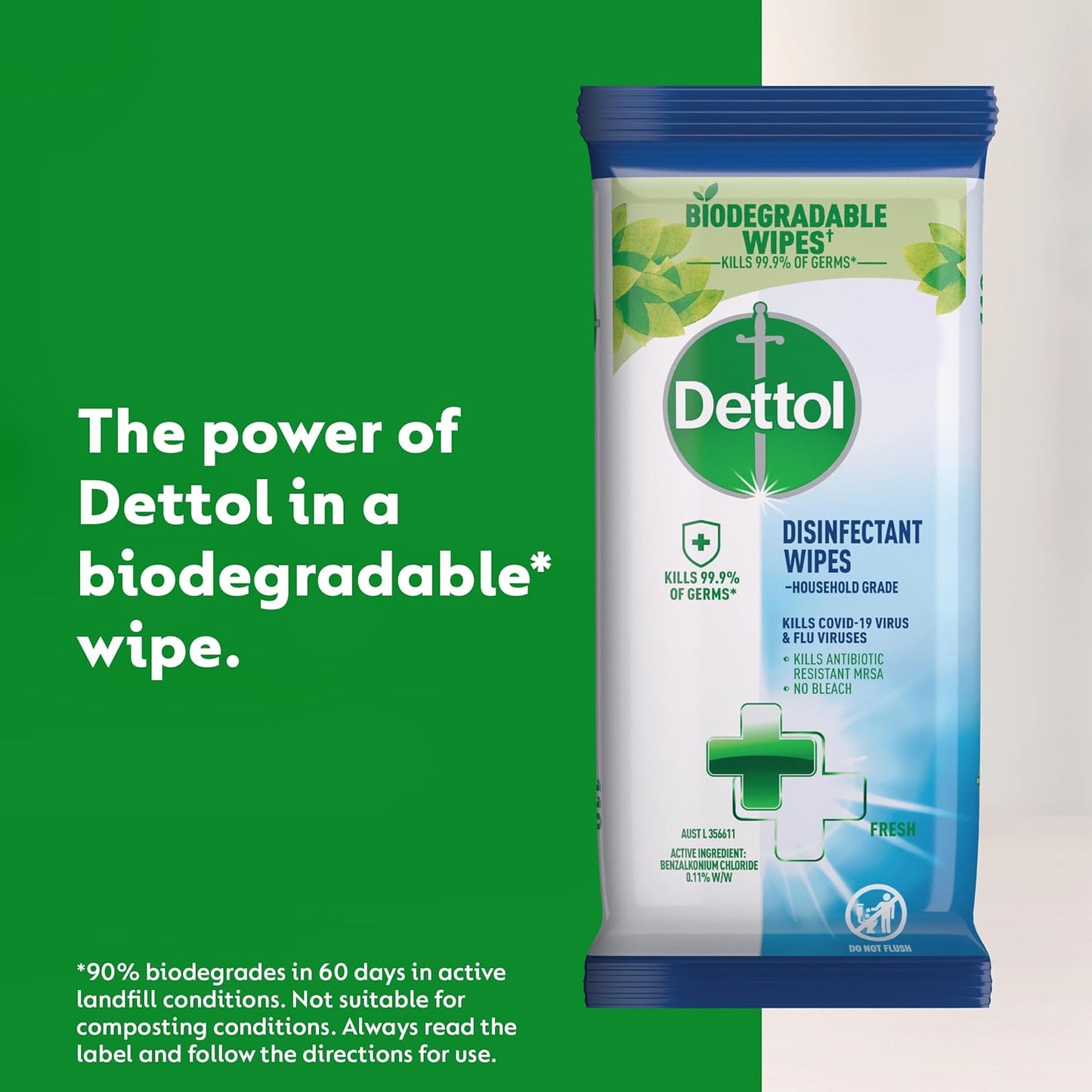 Dettol Biodegradable Antibacterial Disinfectant Surface Cleaning Wipes Fresh, 270s (6 x 45’s)