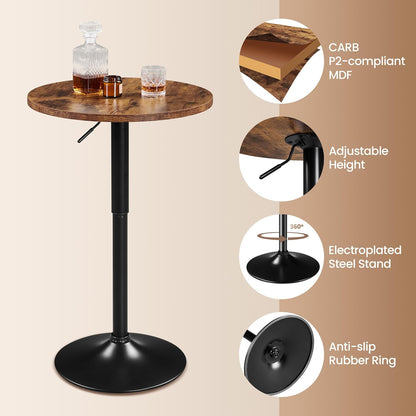 Yaheetech Round Pub Table Height Adjustable with 360 Swivel MDF Tabletop for Dining Bistro Cafe Home Bar, Rustic Brown