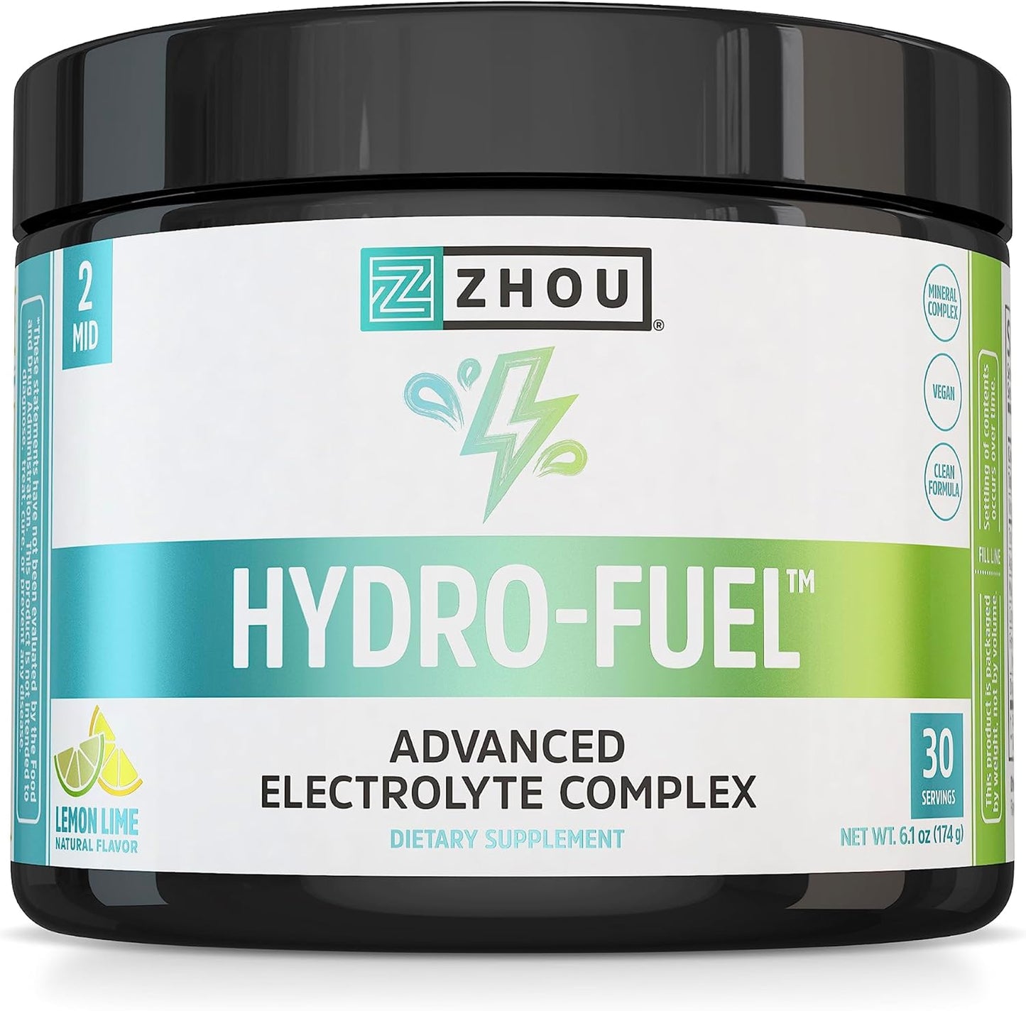 Zhou Nutrition Hydro-Fuel, Sugar Free Electrolyte Powder, Replenish Nutrients & Restore Hydration, Natural Mineral Complex with Coconut Water Concentrate, Vegan, Gluten Free, Lemon Lime, 30 servings
