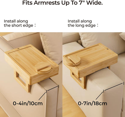 Wealone Mini Couch Arm Table for Narrow Armrest, Bamboo Sofa Arm Tray with Storage Box, Rotating Tabletop & Phone Stand, Adjustable Sofa Arm Table Clip for Snacks or Dining, Width of Armrest 1-7 Inch