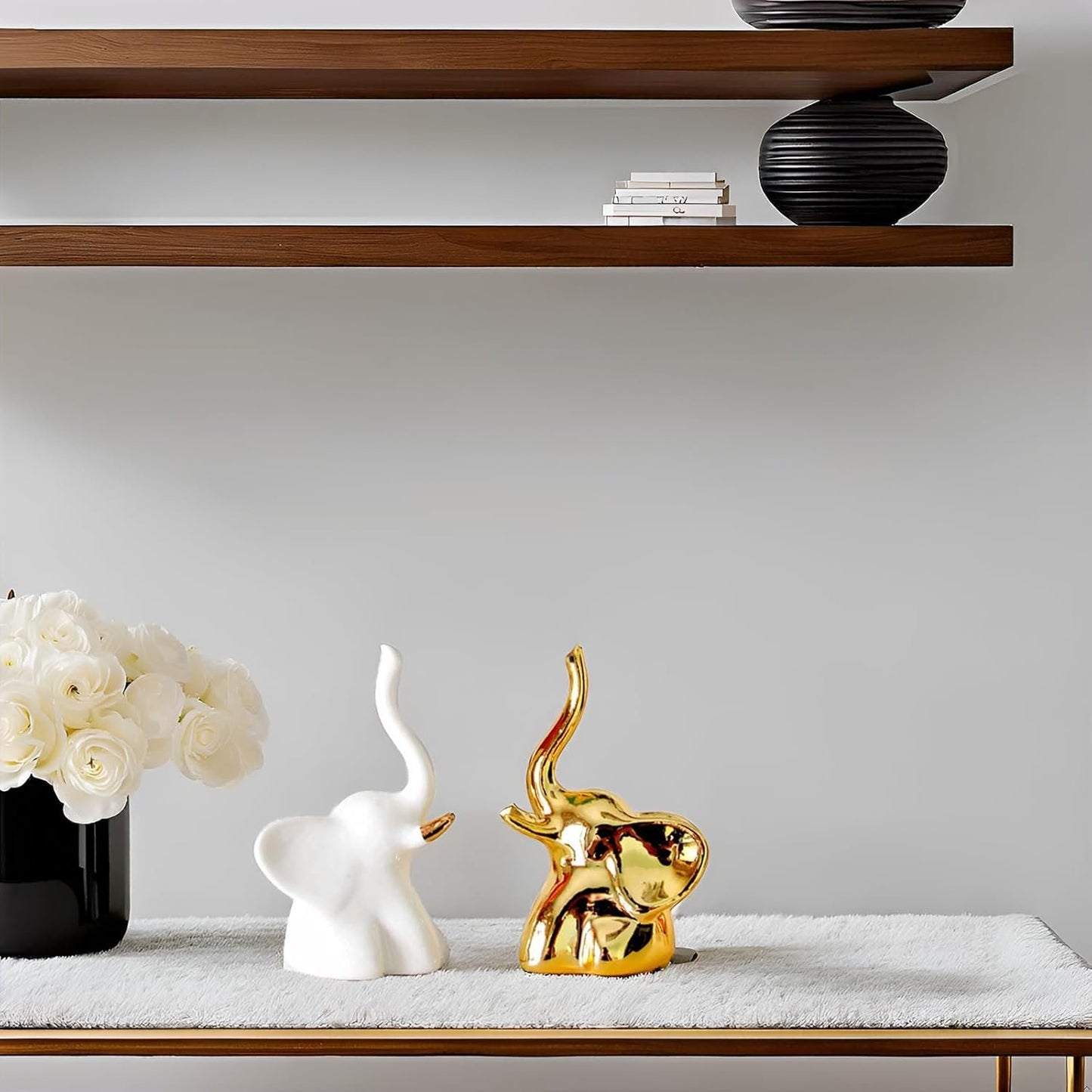 BIHOIB Home Decor Elephant Statues,1 Pair, Small Decorative Accents for Shelves, Livingroom and Bedroom, Gold and White