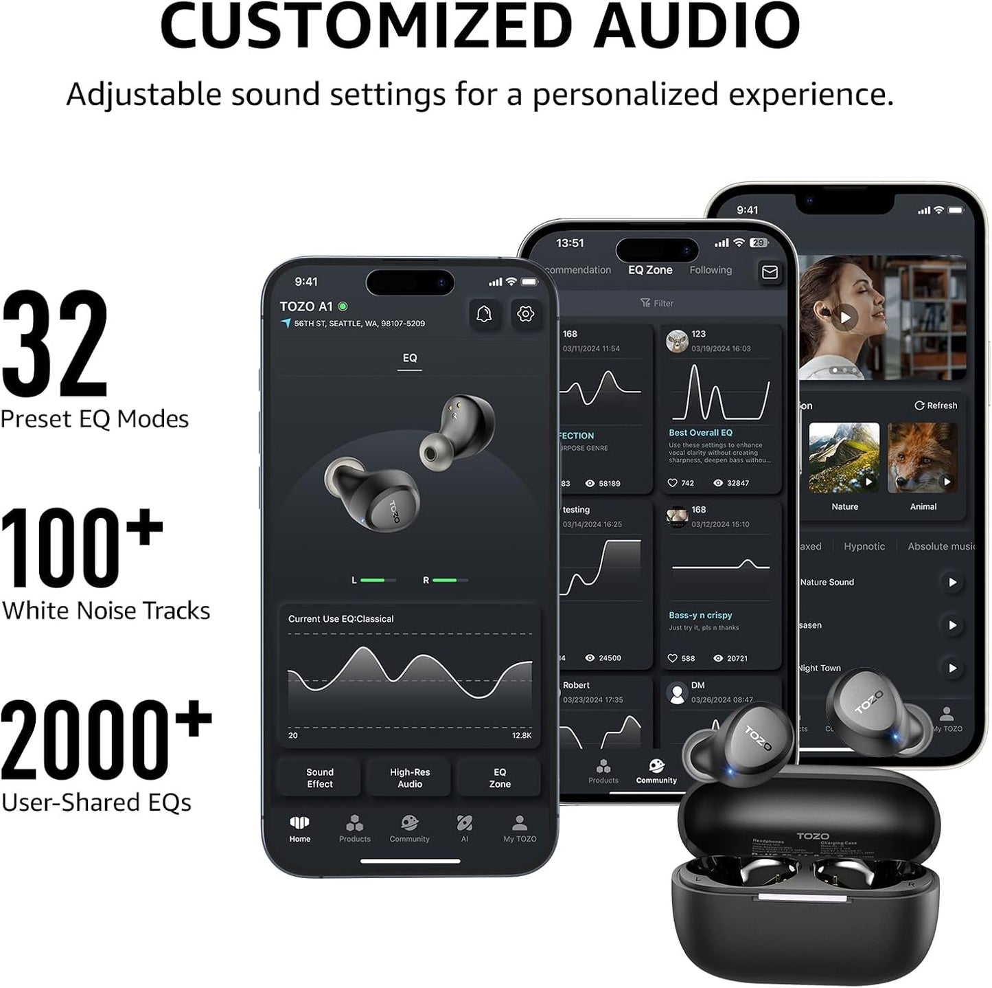 TOZO New Version A1 Wireless Earbuds Bluetooth 5.3 in Ear Light-Weight Headphones Built-in Mic Calls IPX5 Waterproof,Immersive Premium Sound Connection Headset with Charging Case,32 Preset EQs via APP