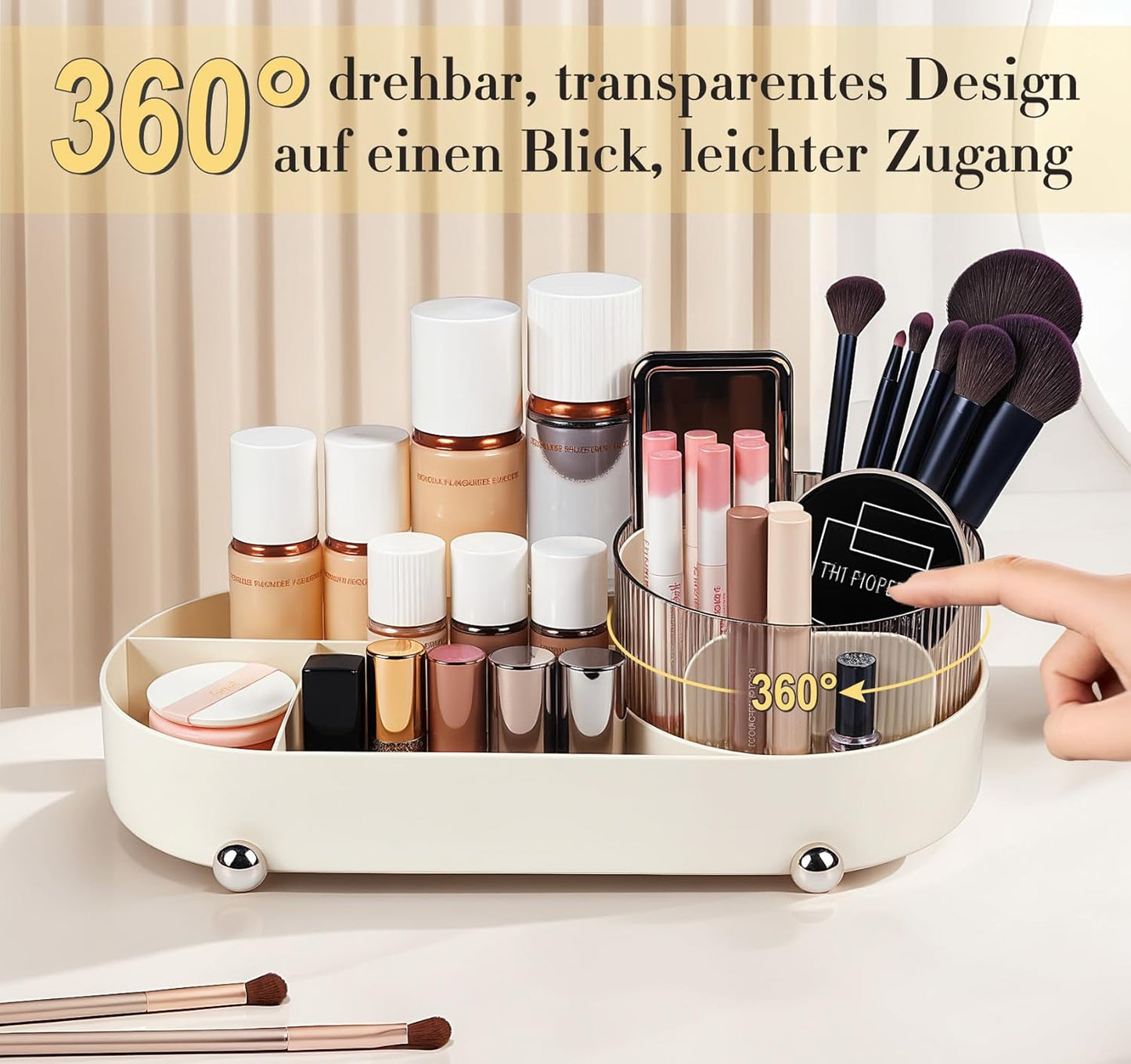 ilauke 360° Rotating Makeup Organizer with Drawers - Multifunctional Vanity Table Organizer for Bathroom and Bedroom, Generous Capacity, Bathroom Organizer (Beige)