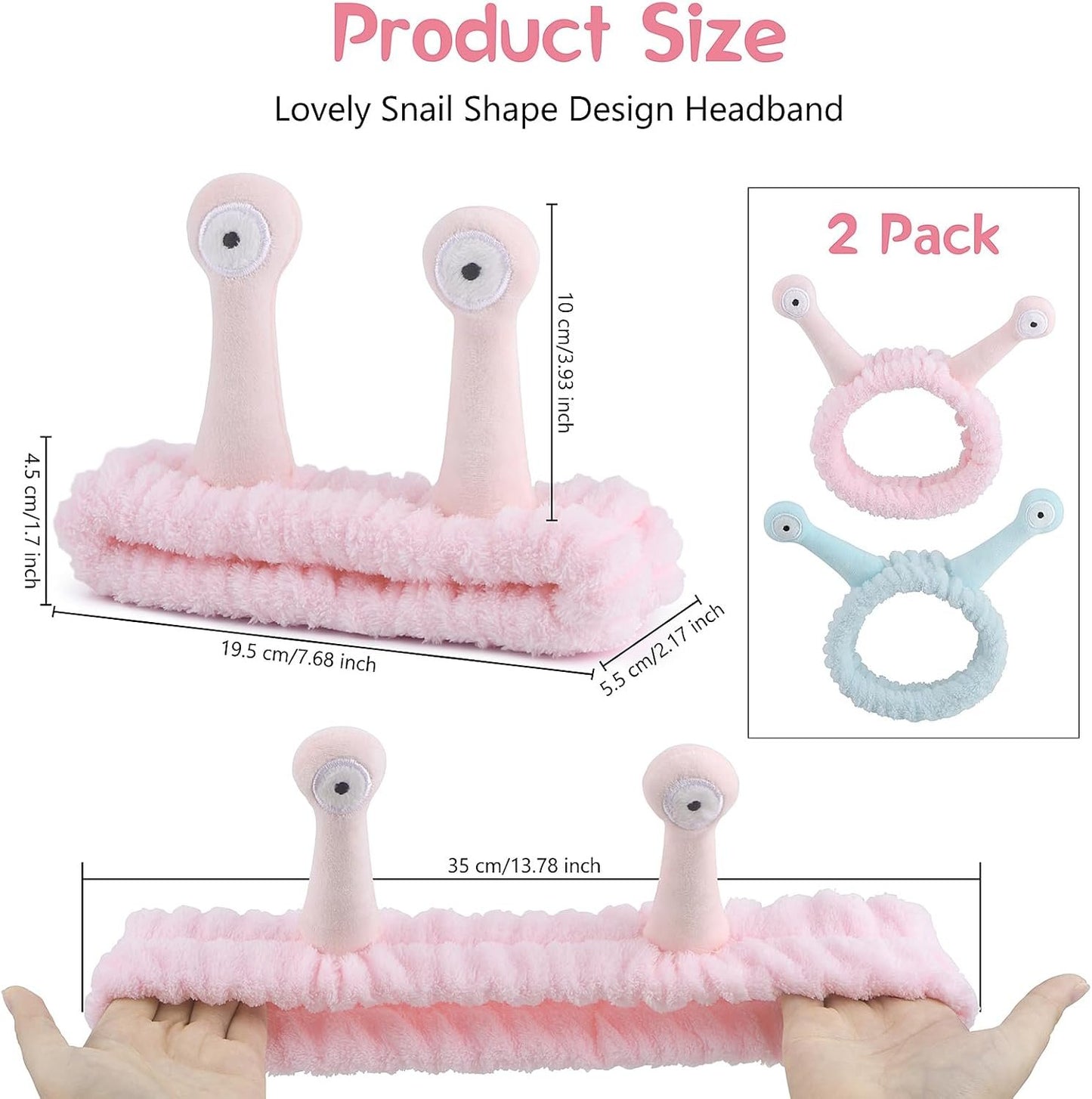Umshlem 2 Pack Face Wash Headband Snail Spa Hair Bands Makeup Headbands Cartoon Cute Coral Fleece Elastic Headband Creative Hair Accessories for Washing Face Shower Beauty Skincare - Pink and Blue