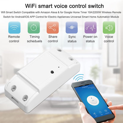 WiFi Smart Switch Compatible with Alexa & for Home Timer 10A/2200W Wireless Remote Switch for Android/iOS APP Control for Electric Appliances Universal Smart Home Automation Module