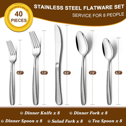 40-Piece Hammered Silverware Set, Stainless Steel Heavy Duty Flatware Set for 8, Food-Grade Tableware Cutlery Set, Utensil Sets for Home Restaurant, Mirror Finish, Dishwasher Safe