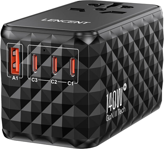 LENCENT 140W International Travel Adapter, GaN Universal Travel Adaptor with 1 USB-A & 3 Type C Power Adapter, Fast Charger for Phone,Laptops, Worldwide Plug Adaptor for USA/UK/EU/AUS, Black