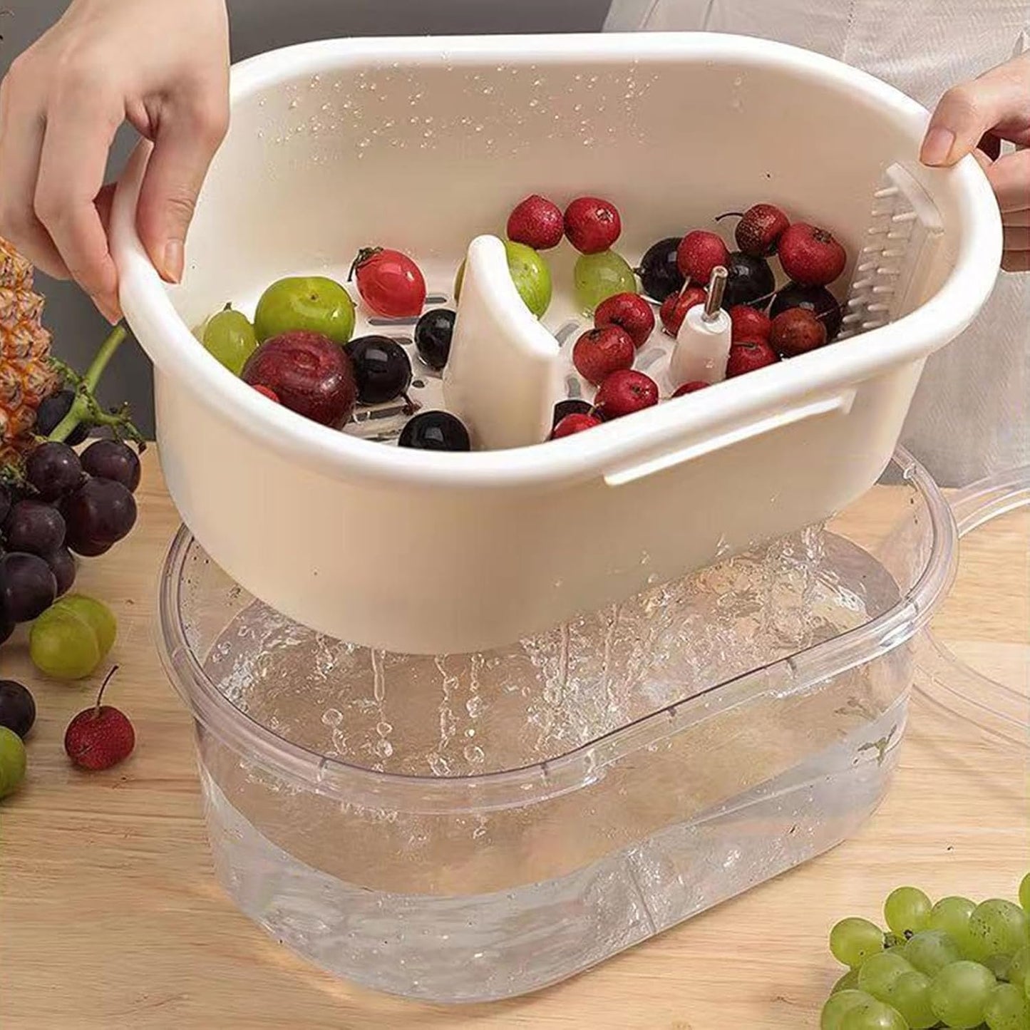 Veggie Spinner Bowl - Food Prep Tool, Salad Washing Basket | 32x24x14cm/12.6x9.45x5.51 inches Vegetable Rinse Device, Fruit Cleaning Container, Leafy Greens Dryer