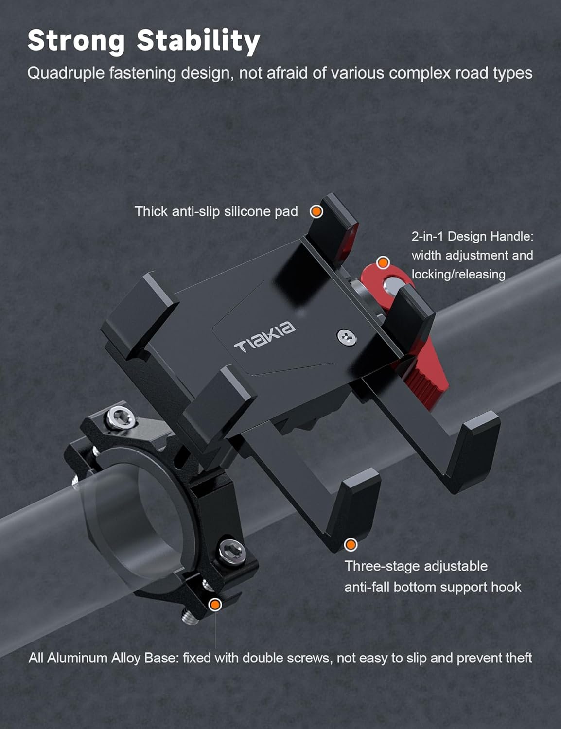 Tiakia Aluminum Bike Phone Mount, [2024 Upgrade] Camera Friendly＆1s Lock Handlebar Mounted Cell Phone Holder for Bike Motorcycle, 360° Rotation Universal Bicycle Phone Mount for 4.5-7 Inch Phones