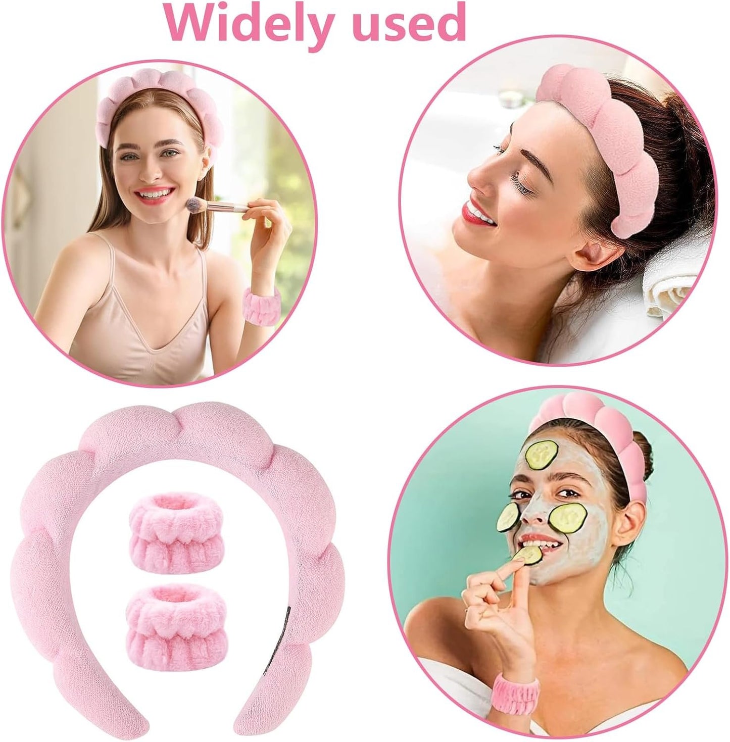 Spa Headbands for Women,3 Pcs Makeup Headband and Wrist Washband Set Skincare Headbands,for Face Washing, Spa,Shower, Makeup Removal Hair Accessories(Pink)