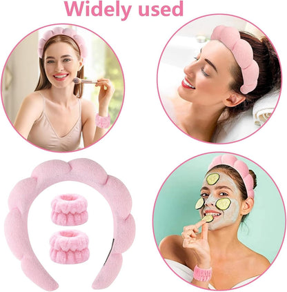 Spa Headbands for Women,3 Pcs Makeup Headband and Wrist Washband Set Skincare Headbands,for Face Washing, Spa,Shower, Makeup Removal Hair Accessories(Pink)