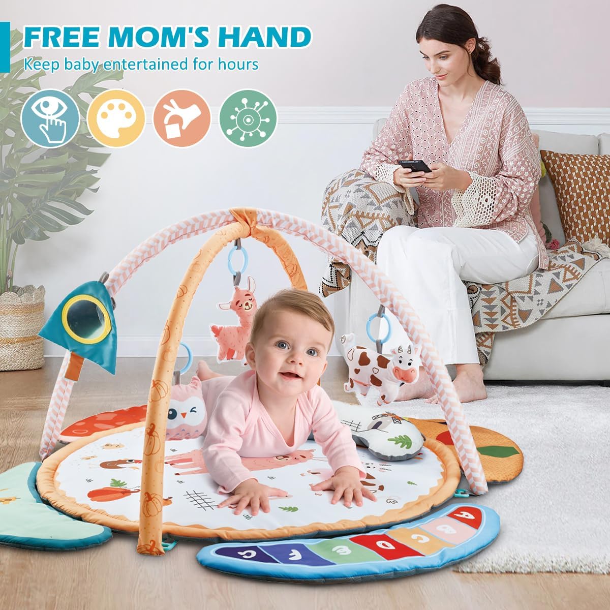 REMOKING Play Mat for Infant, Baby Play Gym for Tummy Time,Early Sensory Toys with Soft Rattles and Mirror, Newborn Toy for Baby Boy Girl 0-6-12-18 Months