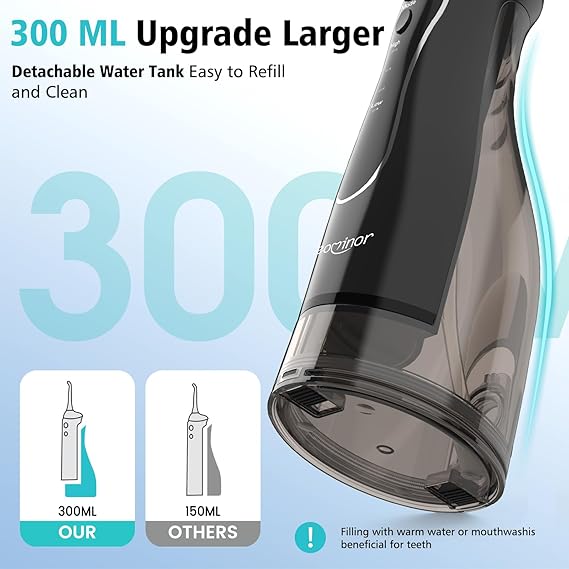 Leominor Water Dental Flosser Pick for Teeth, 300ML Portable Oral Irrigator Upgraded Tank Removable,IPX7 Waterproof, Rechargeable Travel Teeth Cleaner, Professional Electric Flossing Machine (Black)