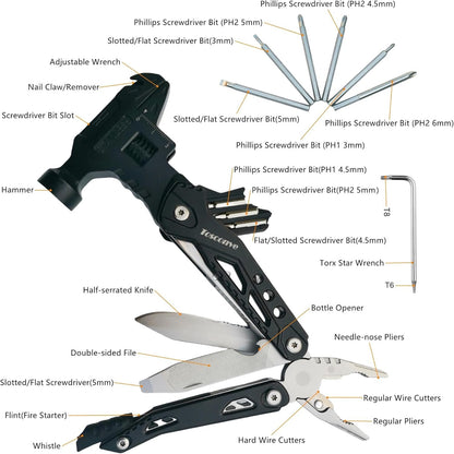 Tosconve Wrench Multitool Hammer, Multi Tool Hammer Pliers Wrench Knife with Screwdriver Wire Cutters Bottle Opener, Multi Purpose Multitool for Outdoor Camping Emergency Survival, Gifts for Men