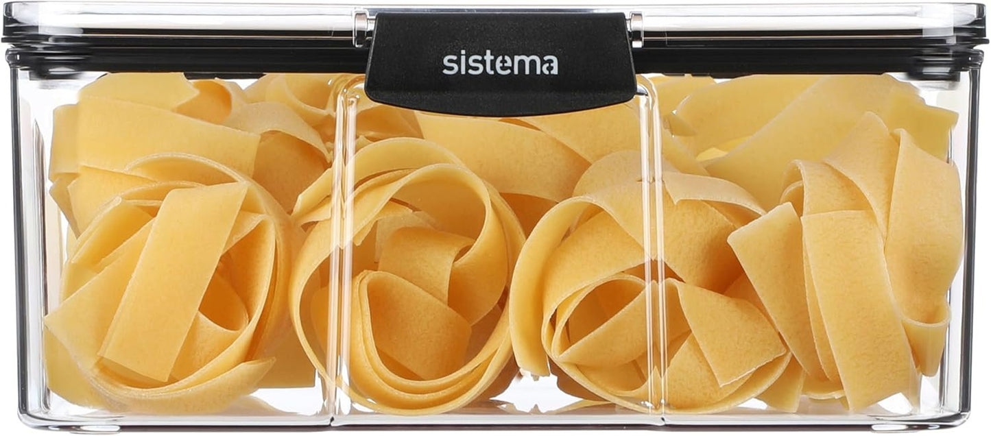 Sistema Ultra 2.63L Rectangle Food Storage Container | Stackable | Airtight Pantry Storage Container with Locking Clips | BPA & Phalate Free | Clear with Black Accents