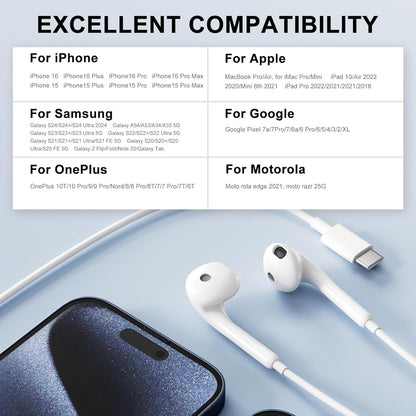 USB C Headphones for iPhone 15,Wired Earphones with Mic & Volume Control,Wired Headphones for Samsung S23 FE S22 S21 S20 A53 A54,HiFi Stereo Earbuds for iPad Pro Pixel 7/6/6a/5/4 OnePlus 9 8