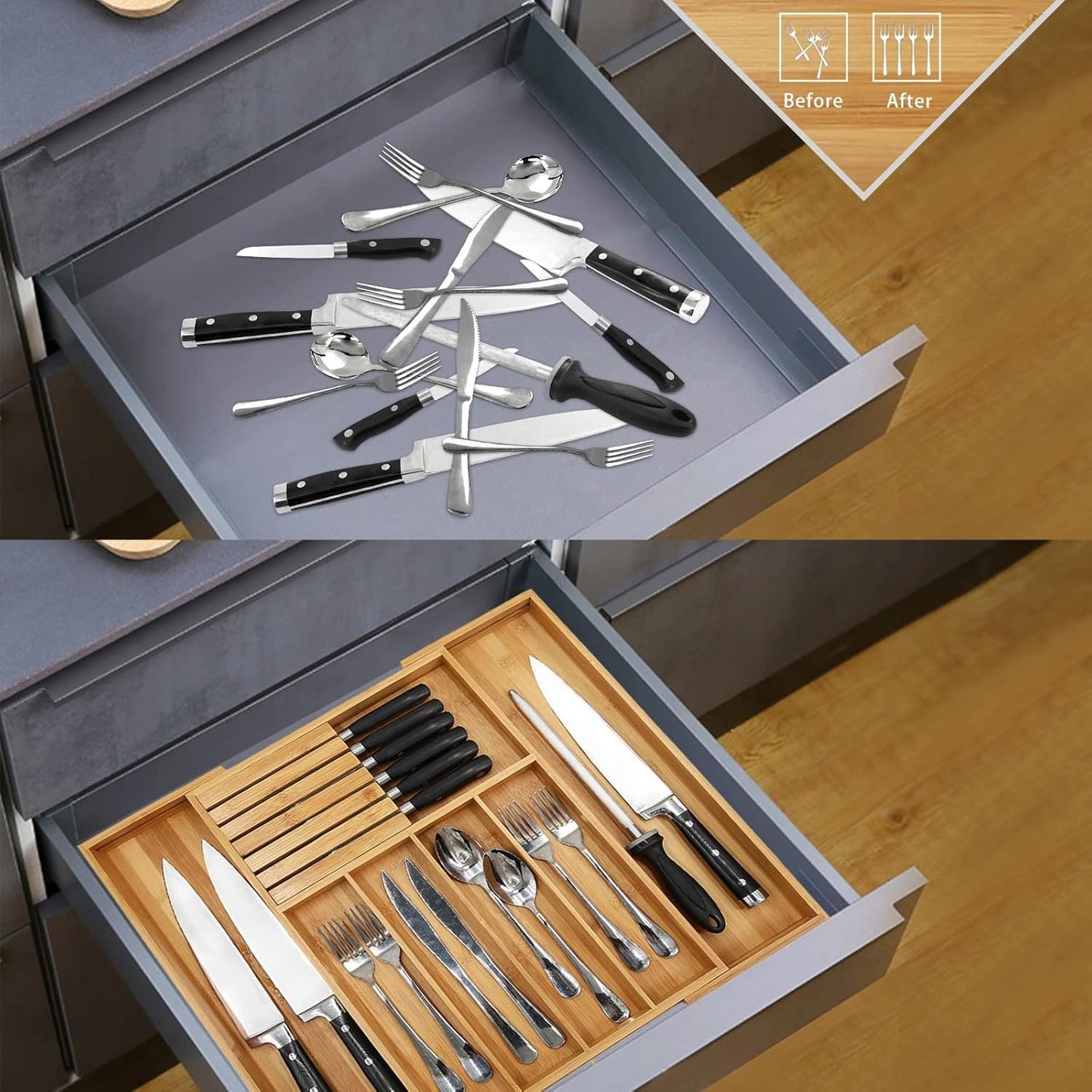 VaeFae Bamboo Cutlery Organizer for Kitchen, Wooden Utensil Drawer Organizer, Expandable Cutlery Tray, Utensil Organizer with Removable Knife Block
