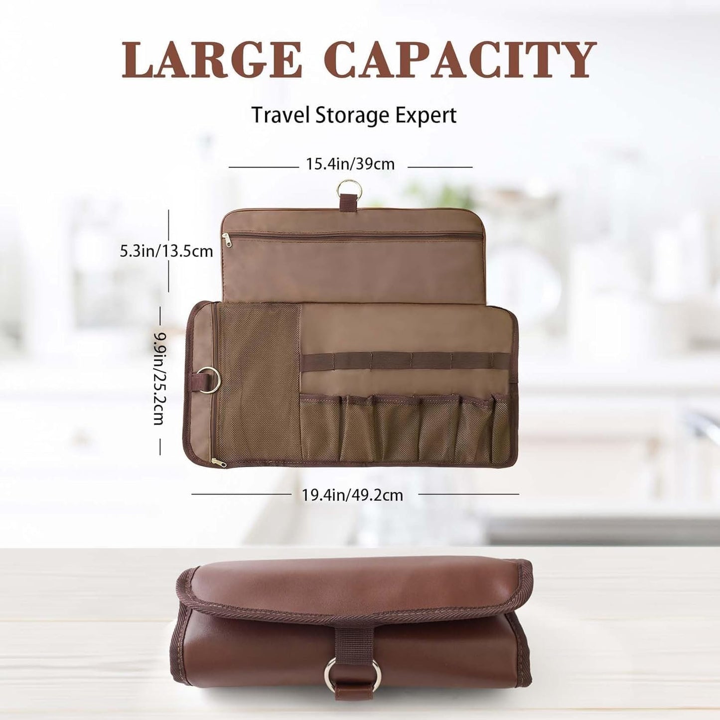 Travel Toiletry Bag for Men, Water-Resistant PU Leather Compact Roll Mens Toiletry Bag, Hanging Toiletry Bag for Travel Essentials