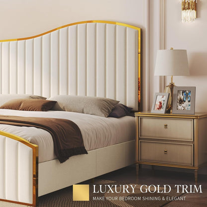 Jocisland King Size Bed Frame, 61.4" High Headboard Platform Bed Velvet Upholstered with Gold Trim & Footboard/Wooden Slats/No Box Spring Required/Cream