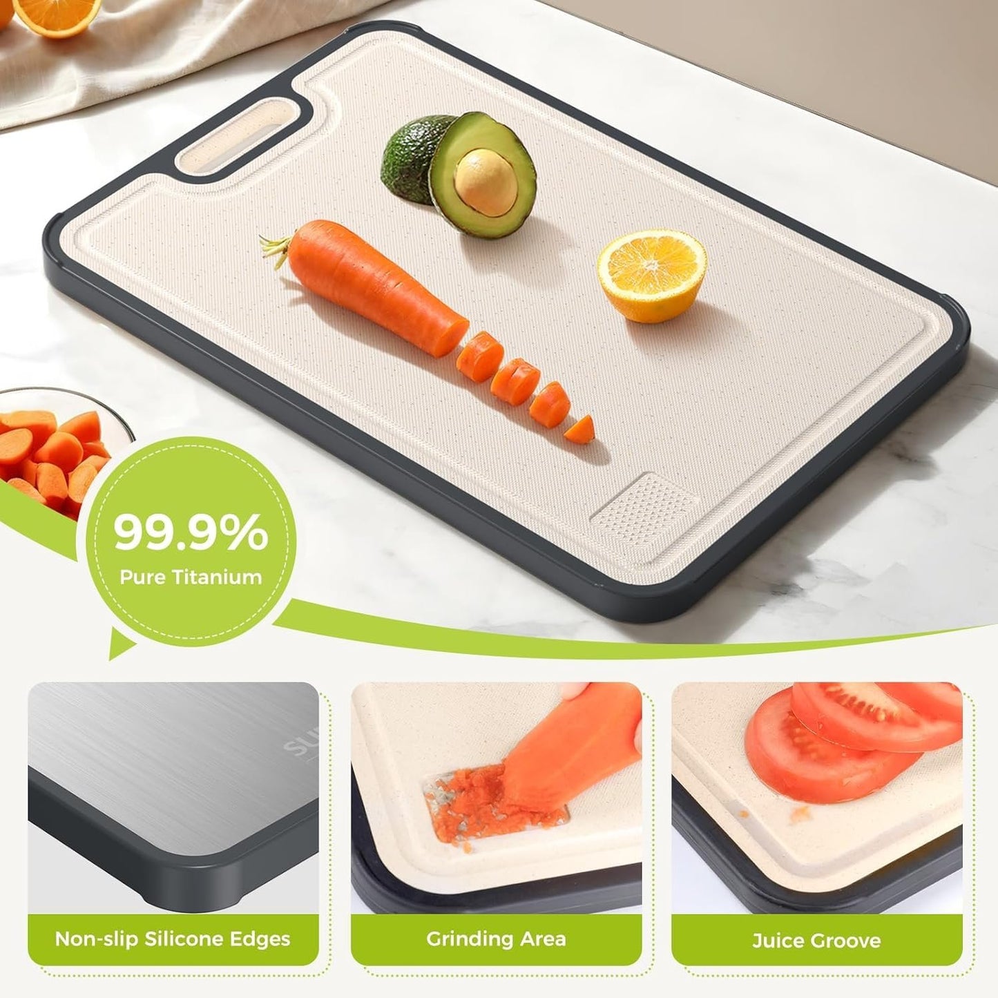 Cutting Board Double Sided, Titanium Cutting Boards for Kitchen, Double Sided Food Grade, Pure Titanium and Wheat Straw PP, Easy to Clean Large Size 16”×11”