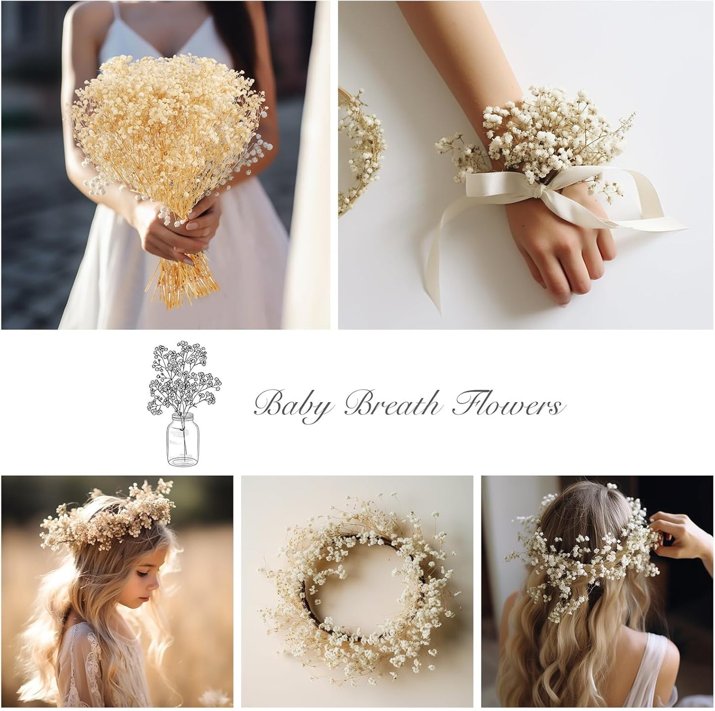 MIHUAGE Dried Baby’s Breath Flowers,17.5" 120g 3000 Ivory100% Natural Beige White Bundles with stem Gypsophila for Home Decorations Wedding DIY Arrangements Table Vase Decor.