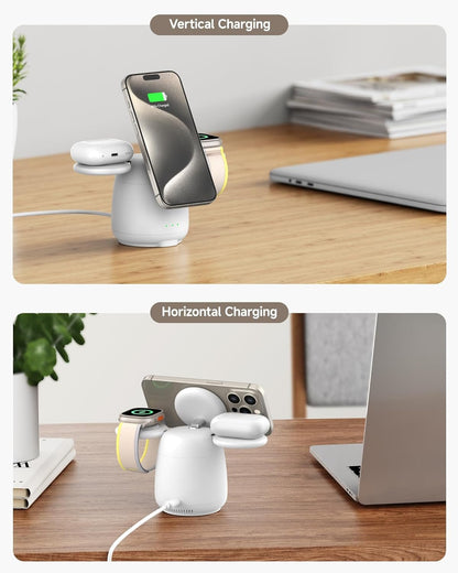 SwanScout Wireless Charging Station for MagSafe, SwanScout 707M, 3 in 1 Magnetic Wireless Charger Stand for iPhone 16/15/14/13/12, 5W Fast Charger for Apple Watch Series 10/9/8/7,Airpods (White)