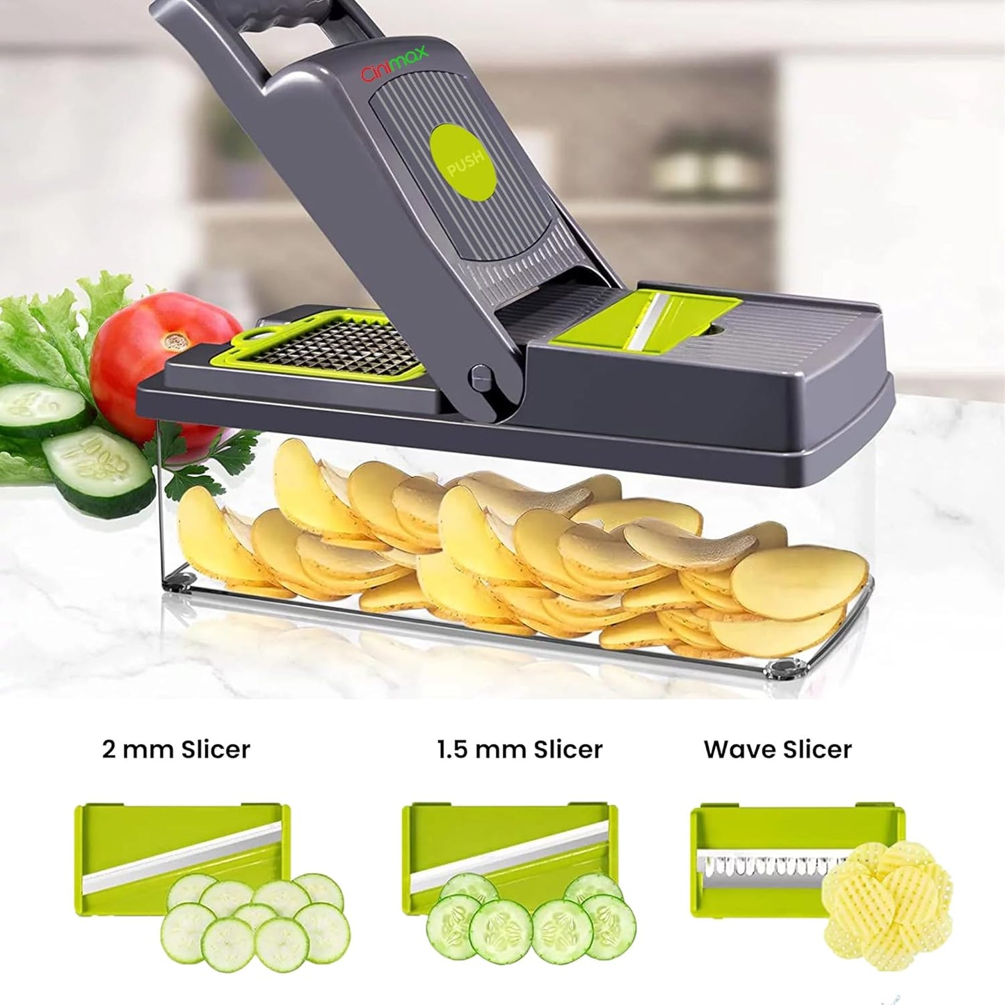 CINIMAX Heavy Duty 16-in-1 Vegetable Chopper - 8 Blade Mandoline Slicer with Push Button - Home Essentials & Kitchen Gadgets - French Fry Cutter, Onion Chopper, Vegetable Dicer - Cooking Accessories