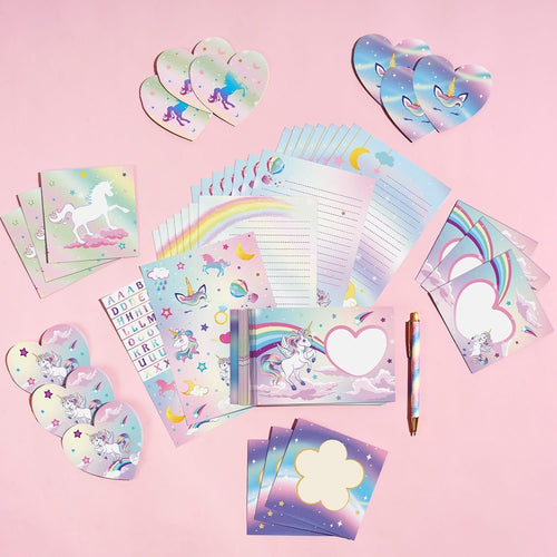 WERNNSAI Kids Stationery Set - 69 PCS Unicorn Girls Stationery Set Teens Pink Paper Letter Writing Set Stationery Writing Sheets with Envelopes Greeting Cards School Girls Unicorn Gift Set