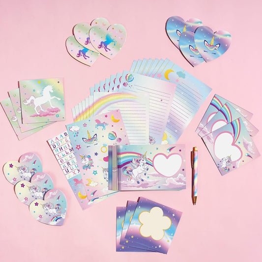 WERNNSAI Kids Stationery Set - 69 PCS Unicorn Girls Stationery Set Teens Pink Paper Letter Writing Set Stationery Writing Sheets with Envelopes Greeting Cards School Girls Unicorn Gift Set