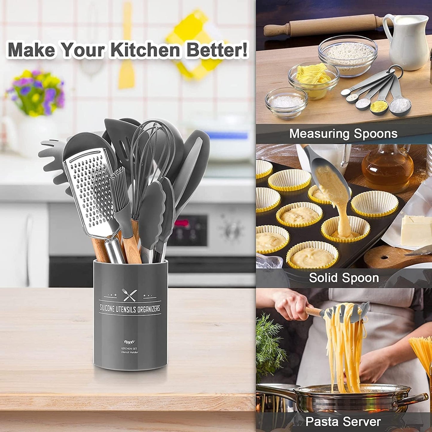 34 Pcs Silicone Kitchen Utensils Set Heat Resistant with Premium Stainless Steel Handles for Cooking and Baking, Non-Stick Spatulas, Kitchen Utensils (Grey)