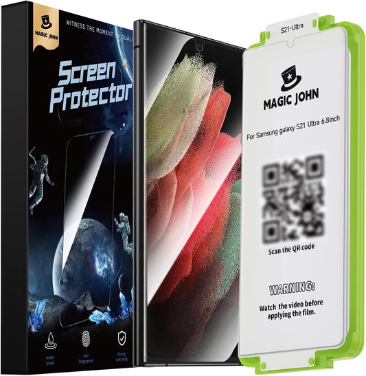MAGIC JOHN 2 Pack for Samsung Galaxy S21 Ultra Screen Protector [Ceramic Film Material Not Glass] 6.8 inch,[100% Fingerprint ID Compatible] Easy Installation Tray, 3D Curved, Bubble