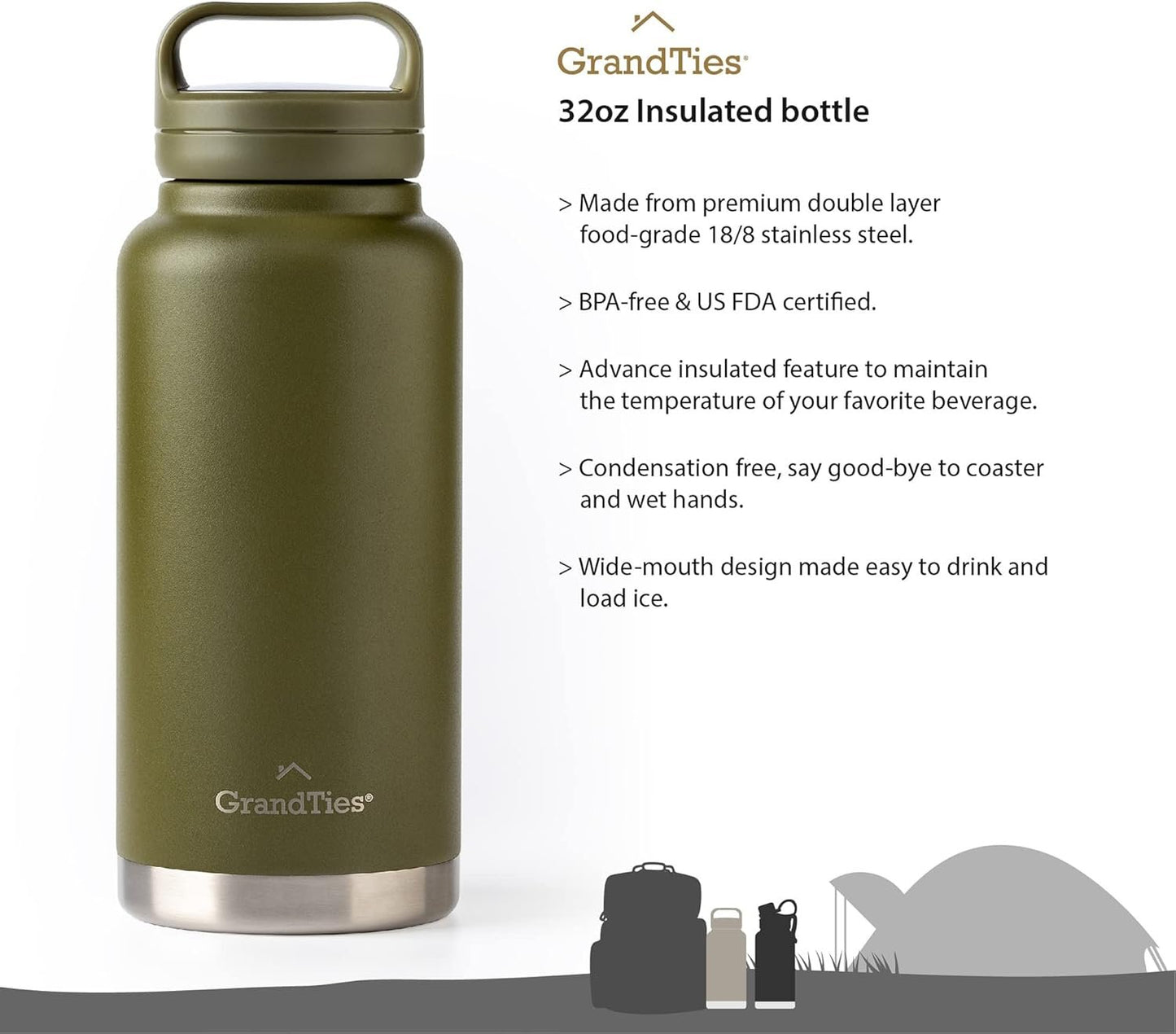 GrandTies 2 Lids Sports Stainless Steel Water Bottle– 32oz, Reusable Wide Mouth Vacuum Insulated Water Bottles, Travel Metal Canteen, Coldest Water Bottle for Men and Women–Olive Green