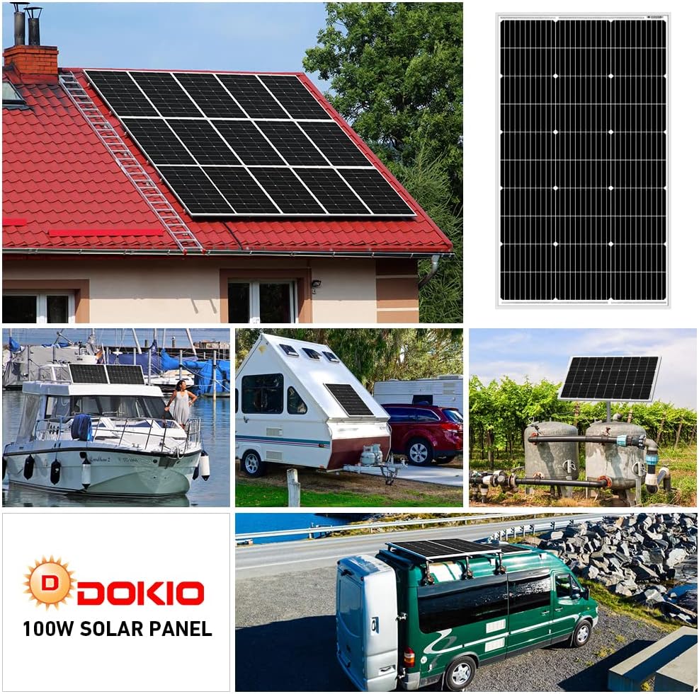DOKIO Solar Panel 100 Watt 18 Volt Monocrystalline PV Module Power Charger for RV Marine Rooftop Farm Battery and Other Off-Grid Applications Single
