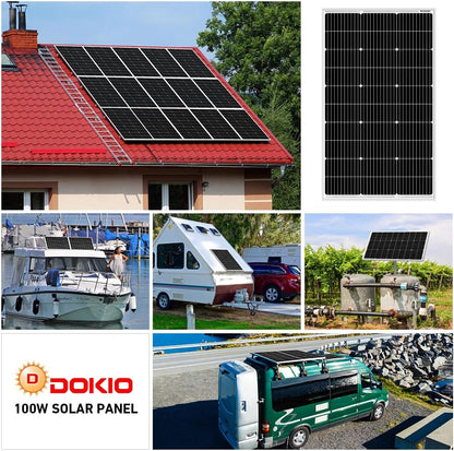 DOKIO Solar Panel 100 Watt 18 Volt Monocrystalline PV Module Power Charger for RV Marine Rooftop Farm Battery and Other Off-Grid Applications Single