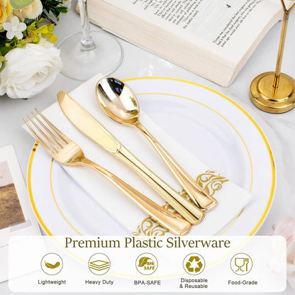 120 PCS Gold Plastic Silverware Sets, Disposable Heavy Duty Gold Utensils Sets,Includes 40 Forks,40 Spoons,40 Knives, for Wedding Reception Family Gatherings, Party, Birthdays and Daily Use
