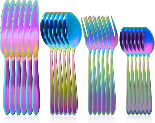 RUITENG 24 Piece Rainbow Silverware Set, Stainless Steel Flatware Set Include Knife Fork Spoon Set, Mirror Polished Cutlery Set Service for 6, Tableware Utensil Set for Home Party (Dishwasher Safe)