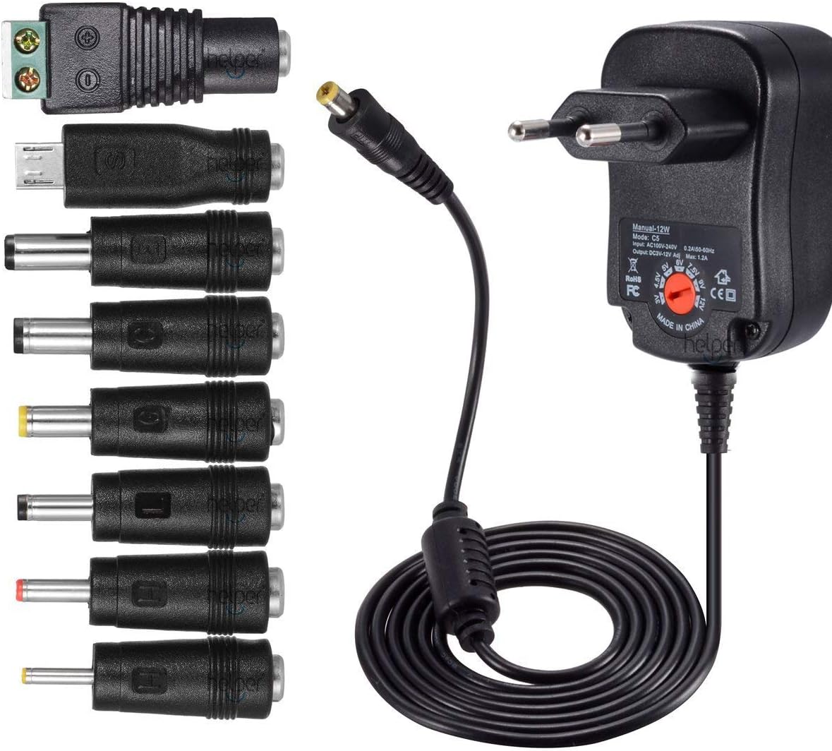 12W Universal AC to DC Power Supply 3 V 4.5 V 5 V 6 V 7.5 V 9 V 12 V 1 A, Multi-voltage Adapter with 8 DC Plugs for Home Electronics