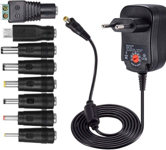 12W Universal AC to DC Power Supply 3 V 4.5 V 5 V 6 V 7.5 V 9 V 12 V 1 A, Multi-voltage Adapter with 8 DC Plugs for Home Electronics