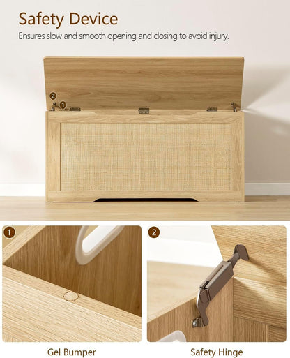 FIONESO 100cm Rattan Storage Chest, Wooden Toy Chest with 2 Safety Hinges, Lift Top Storage Box with Gel Bumpers, Storage Trunk, Storage Bench for Hallway, Natural