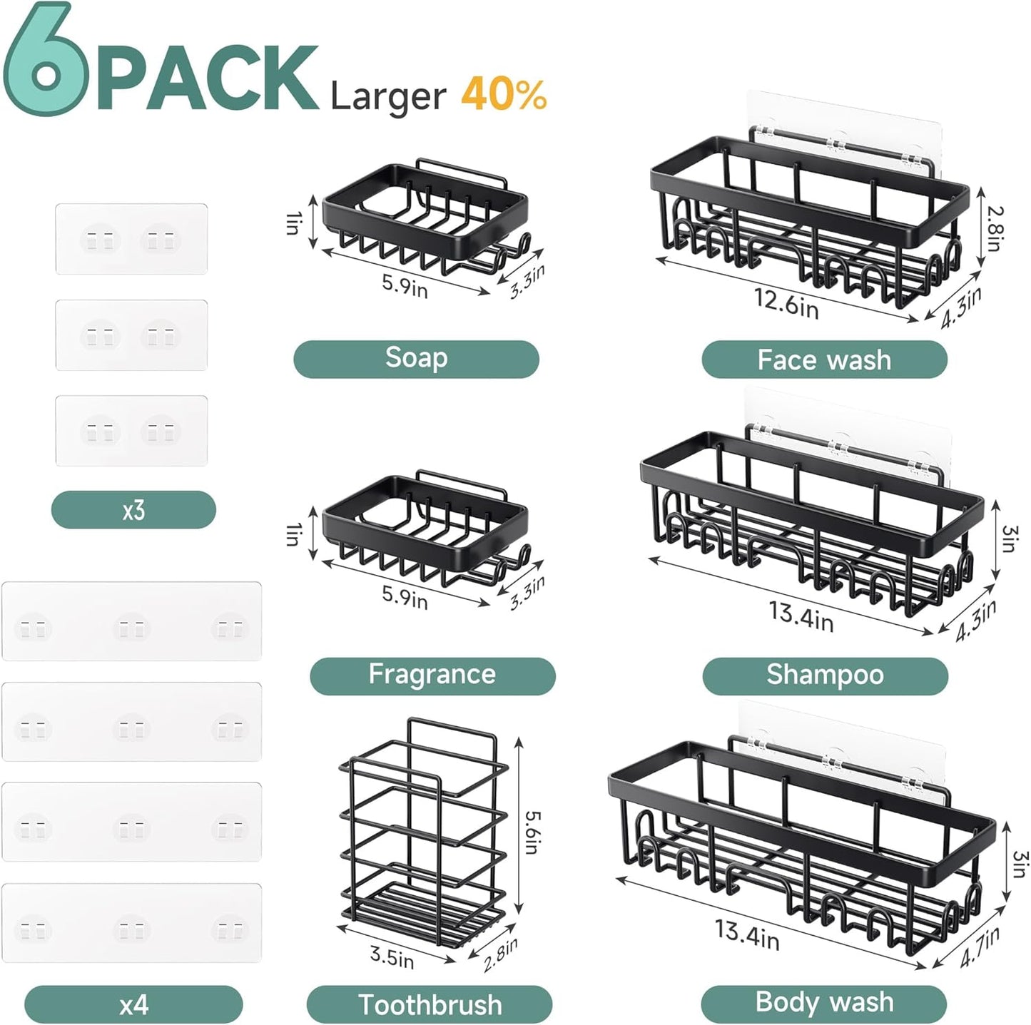Veken Stainless Steel Shower Caddy 6-Pack, No Drilling & Rustproof, Waterproof Adhesive Shelves Rack with Soap Holder, Large Capacity Bathroom Organizers and Storage, Wall-Mounted Kitchen & Home Decor
