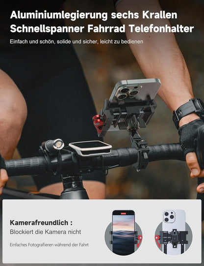 Tiakia Bicycle Cell Phone Mount, Aluminum Motorcycle Phone Holder, 6 Claws 360 Degree Rotation Universal Bike Mount without Tools for 4.5-7 Inch Phones (Black, Red)