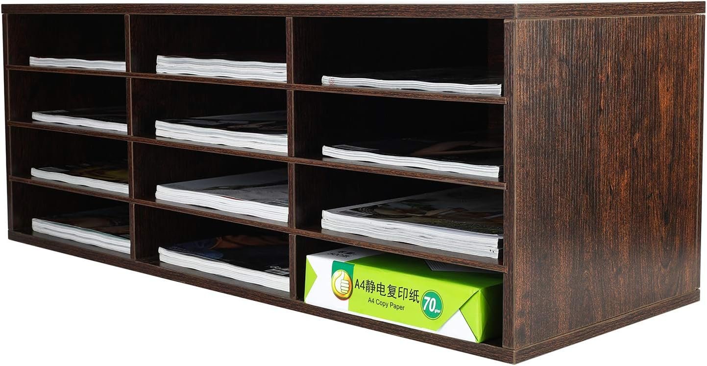PAG Wood Desktop Literature Organizer Adjustable File Sorter Mail Center Magazine Holder Paper Storage Cabinet Classroom Keepers Mailbox, 12 Slots(4 Layers 3 Columns), Brown