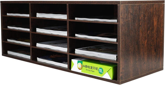 PAG Wood Desktop Literature Organizer Adjustable File Sorter Mail Center Magazine Holder Paper Storage Cabinet Classroom Keepers Mailbox, 12 Slots(4 Layers 3 Columns), Brown