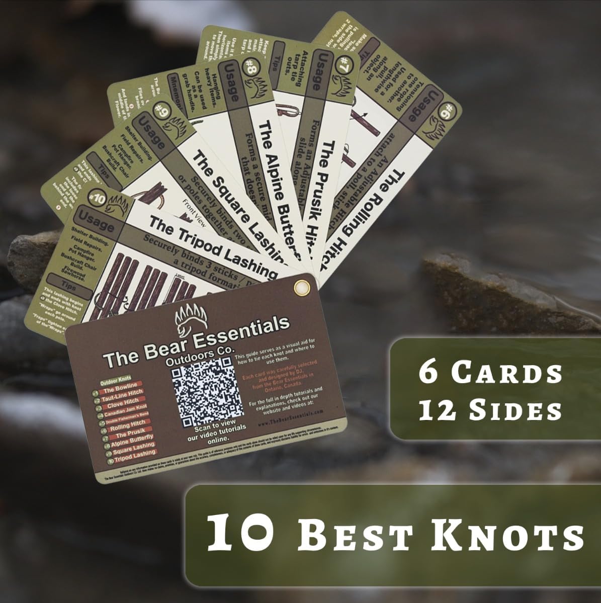 The Bear Essentials Knot Tying Kit - Best Camping Knots Edition - Waterproof Knot Cards, Practice Ropes, in Our Aluminum Tin!