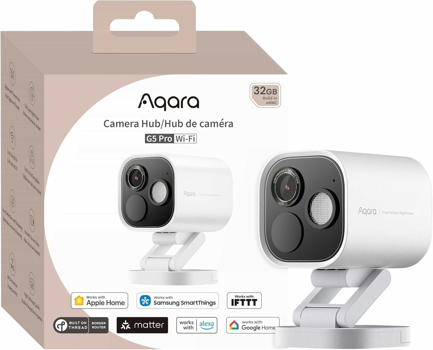 Aqara Security Camera Hub G5 Pro WiFi, Au Version, 2.6K Ultra HD with AI Detection, Full-Color Night Vision, Support HomeKit, Alexa, and Google Assistant, Outdoor, Zigbee/Thread/Matter Support, White