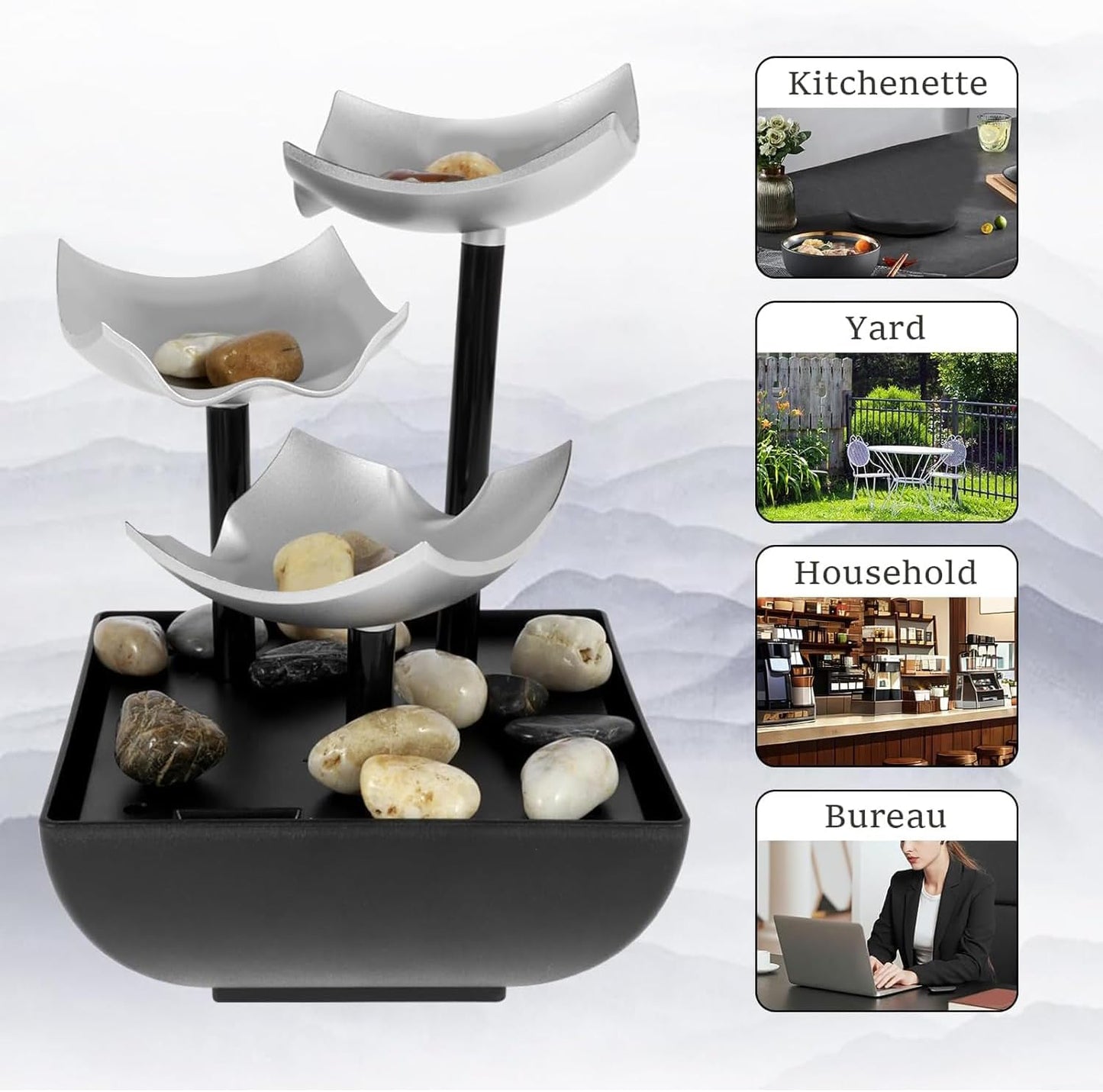 Tabletop Water Fountain, Home Decor Soothing Sound Machine - Automatic Pump, Deep Basin and Natural River Rock. Indoor Zen Relaxation Unit for Office, Living Room or Bedroom, 21 CM High