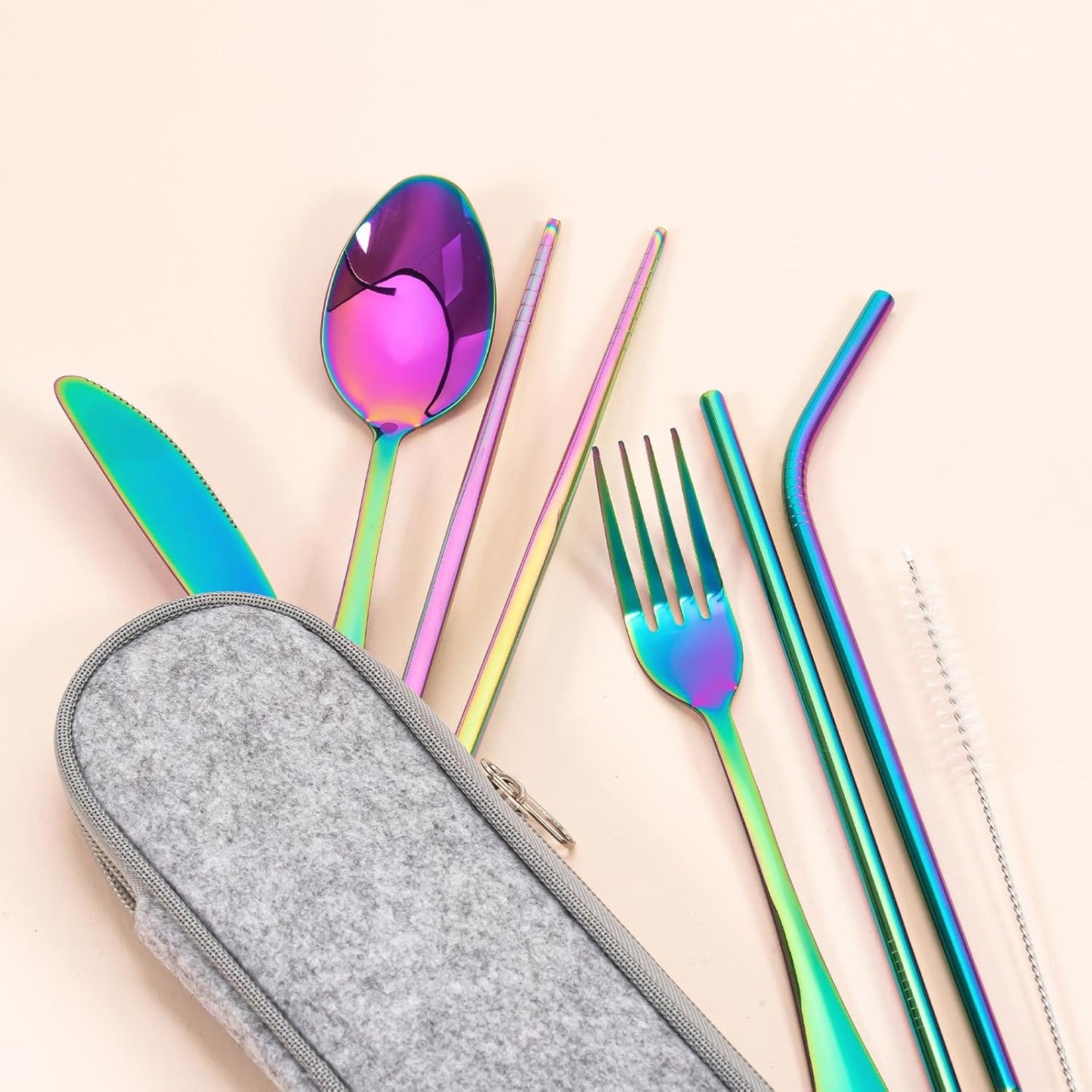 Travel Utensils Set with Case, Reusable Stainless Steel Cutlery Set for Lunch Bag, Portable Camping Utensils Set for Lunch Box, Flatware Silverware Set Including Spoon and Fork (Rainbow)