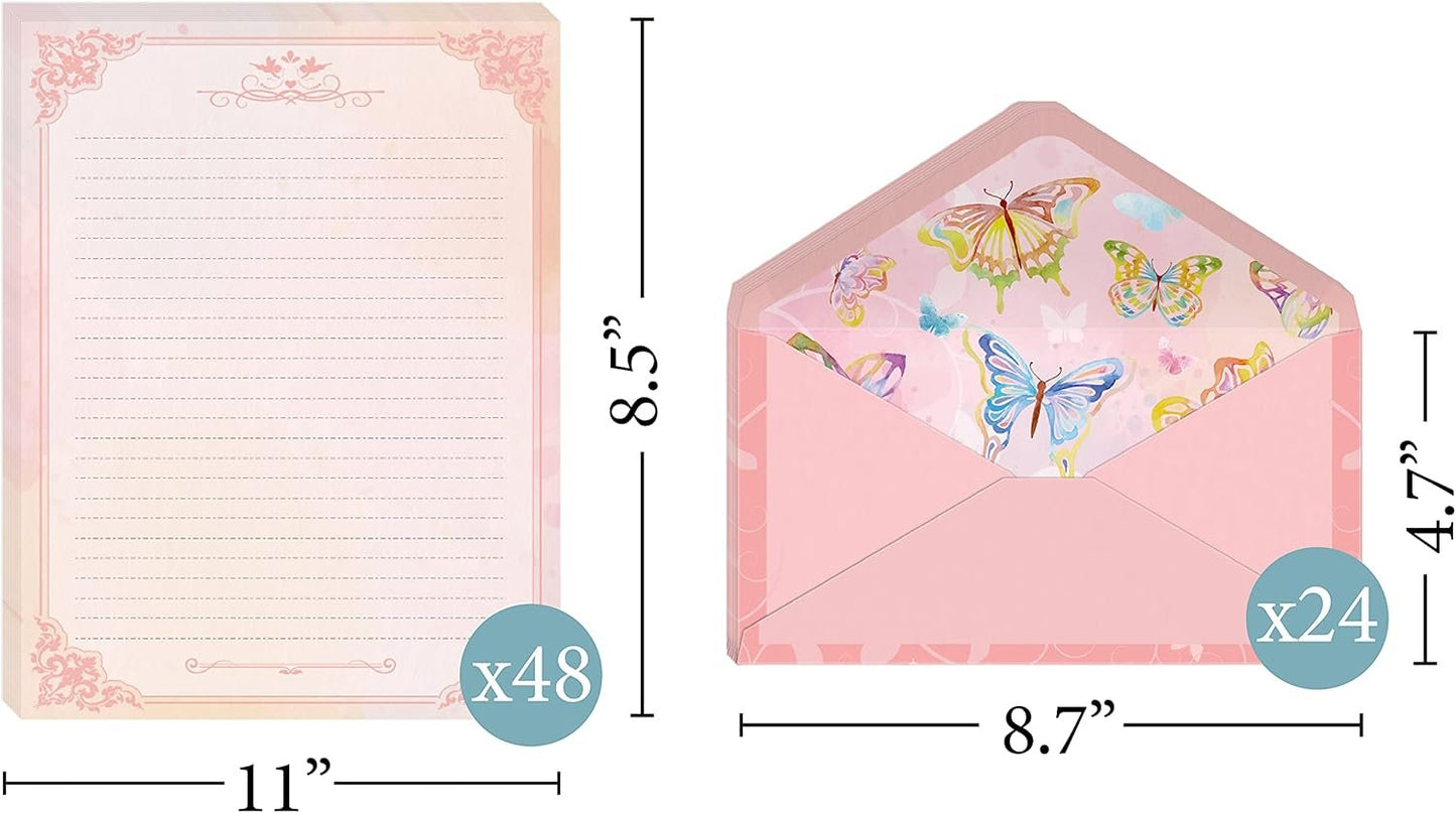 Watercolor Butterfly Stationery Paper (Lined Single Side) 48 Pieces and Self-Sealing Envelopes 24 PC Set, 27 lb Heavy Weight, Pink Letter Writing Stationary 11" x 8.5" with Letterhead
